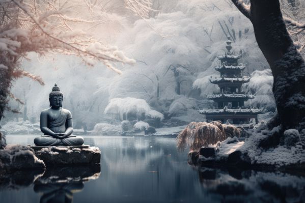 Buddha Statue in Frozen Winter Scenery Free Image