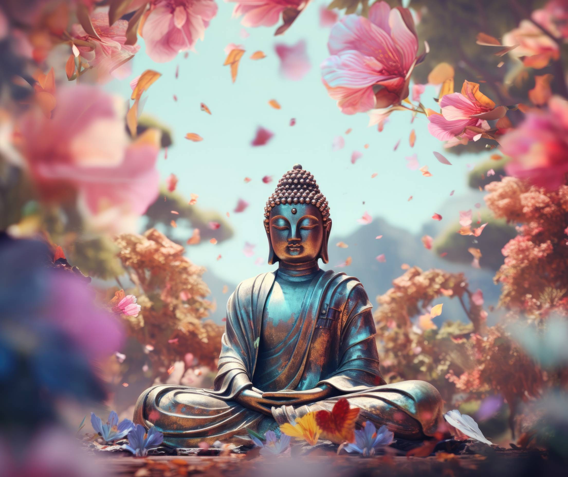 Buddha Statue with Flower Background Free Image