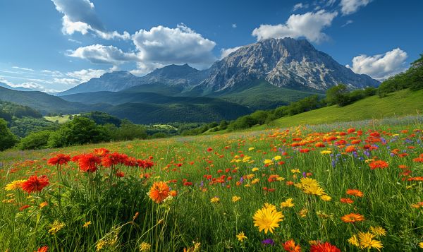 Colorful Meadow Flowers Under the Mountains Free Stock Photo