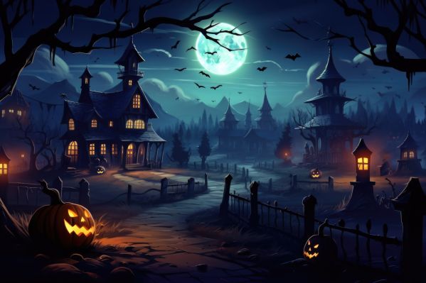 Halloween Night Spooky Scenery with Pumpkins Free Image
