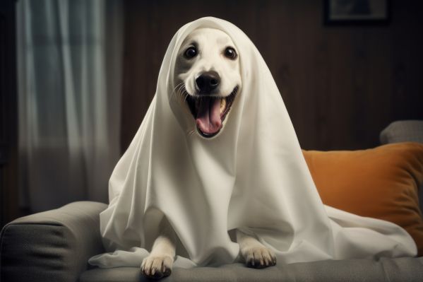Happy Dog in Ghost Halloween Costume Free Image