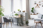 Real photo of a bright home office interior with a desk, armchair and plants