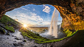 Seljalandfoss waterfall in summer time at sunset,  Iceland