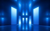 3d render, blue neon abstract background, ultraviolet light, night club empty room interior, tunnel or corridor, glowing panels, fashion podium, performance stage decorations,