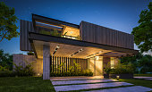 3d rendering of modern house with wood plank facade in night
