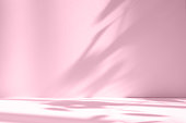 Abstract pink color gradient studio background for product presentation. Empty room with shadows of window and flowers and palm leaves . 3d room with copy space. Summer concert. Blurred backdrop.