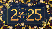 HAPPY NEW YEAR 2025 - Festive silvester sylvester New Year's Eve Party background greeting card with text - Golden fireworks in the dark blue night