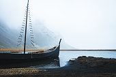 Beautiful imitation of viking ship in Viking village in Stokksnes, Iceland