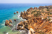 Rocky coastline and the ocean, aerial view, Portugal