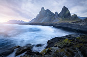 Dramatic sunset before a storm at Eystrahorn, in Iceland