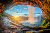 Seljalandsfoss Waterfall in Iceland at Sunset