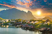 Norway , view of Lofoten Islands in Norway with sunset scenic
