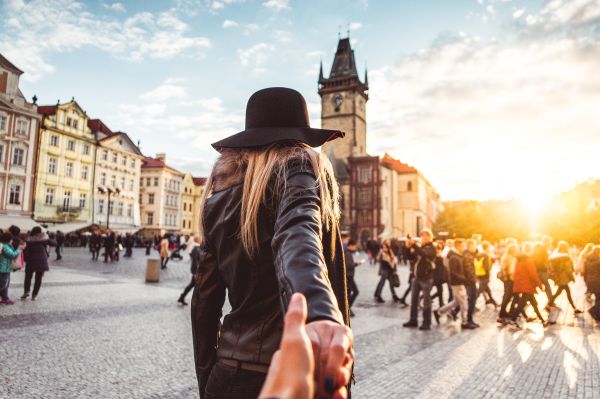 Loving Couple in Autumn Prague Follow Me To Pose Free Stock Photo