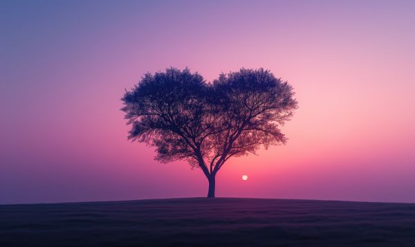 Solitary Tree Silhouette in Love Heart Shape with Violet Sunset Sky Free Image