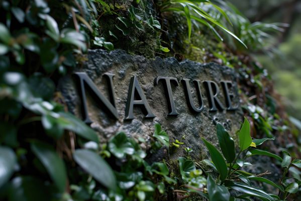 Text NATURE Metal Letters on a Rock in Green Forest Free Stock Photo
