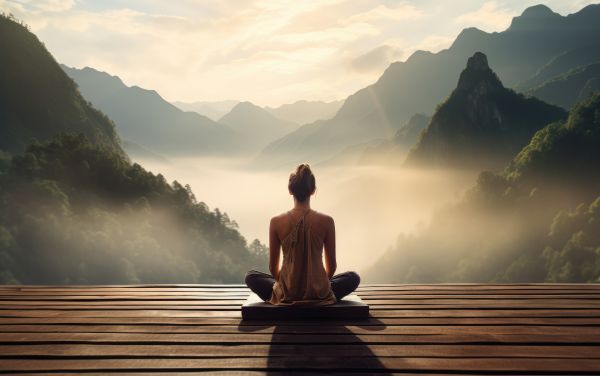 Woman Meditating on Wooden Platform with Amazing Scenery View Free Image